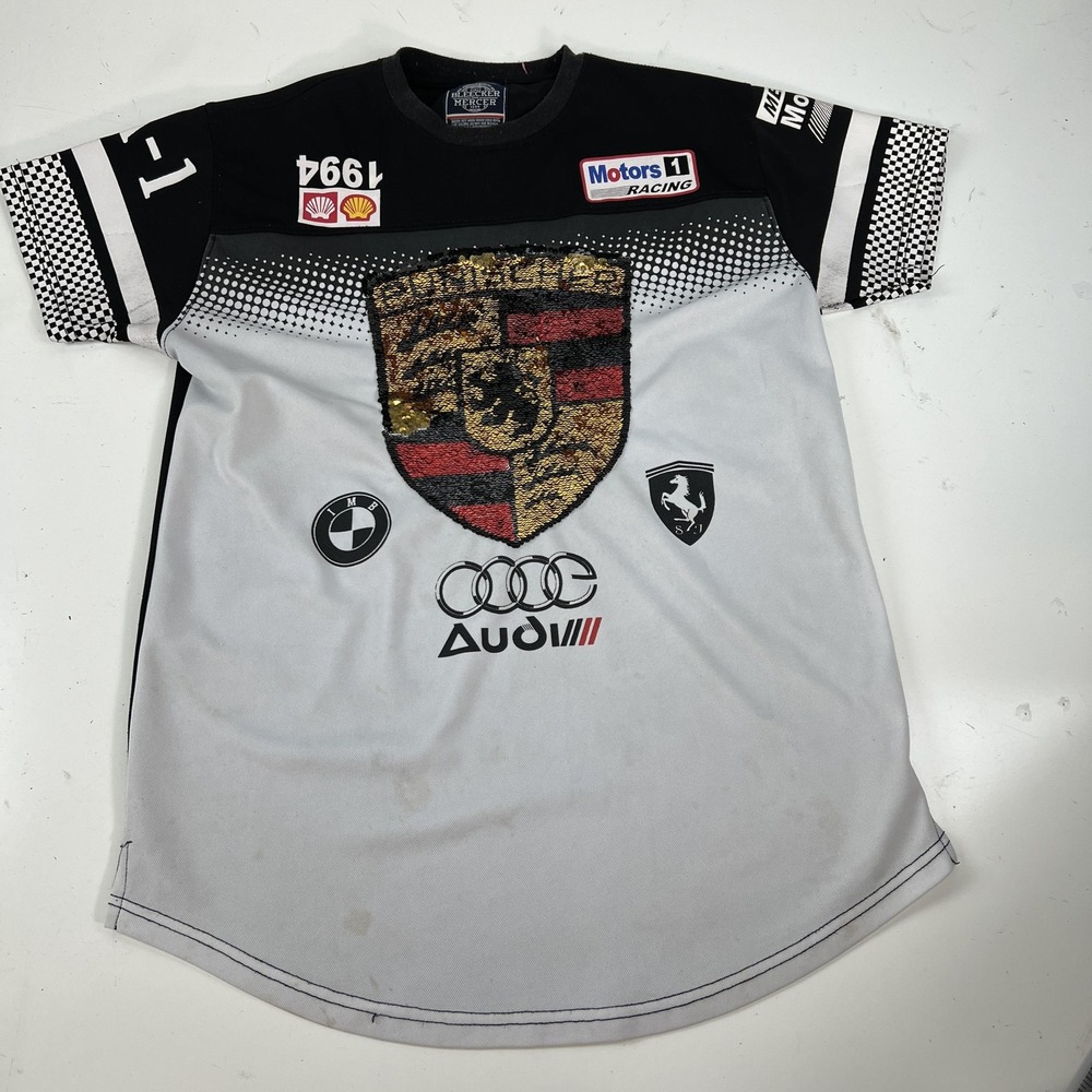 Bleecker & Mercer Shirt Mens Medium Black Gray Racing Sequin‎ Crest Graphic Tee